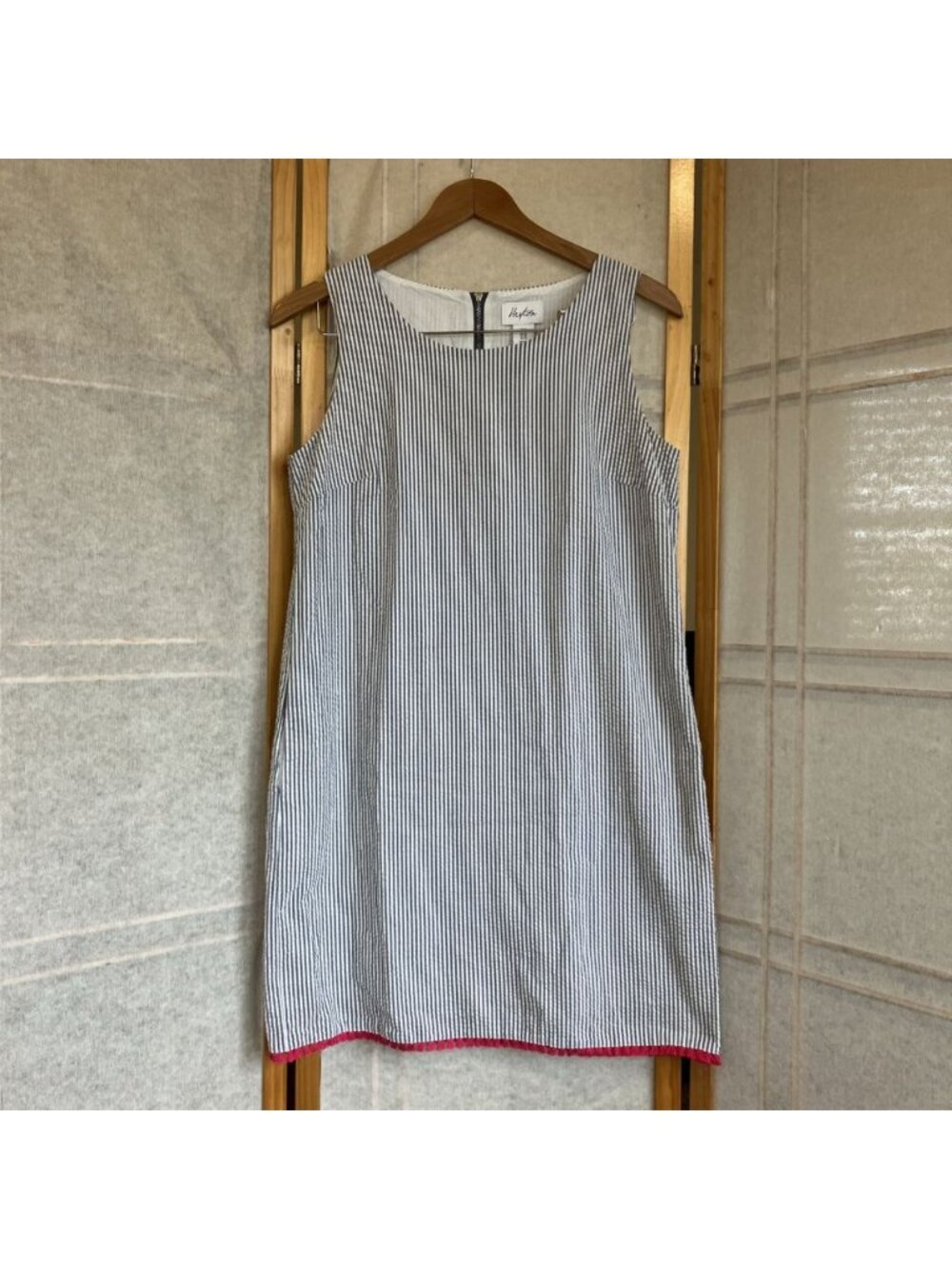 Heyton Dress Womens 6 Blue Stripe Seersucker Stretchy Shift Fully Lined, Pockets
